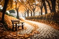 The little wooden bench is empty and situated on a white pathway that is covered in leaves Royalty Free Stock Photo