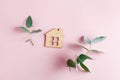 little wooden ecological house and eucalyptus on pastel pink background
