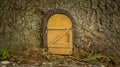 Little wooden fairy tale door in a tree trunk. fairytale forest house. Royalty Free Stock Photo