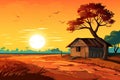 little wooden house in dry landscape at sunset AI generated