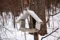 Little wooden pendant bird feeder suspended on a tree in forest, for small and migratory birds, for feeding in winter and spring Royalty Free Stock Photo