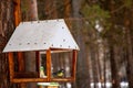 Little wooden pendant bird feeder suspended on a tree in forest, for small and migratory birds, for feeding in winter and spring Royalty Free Stock Photo