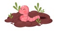 Little worm crawled out of hole in ground. Cute earthworm with growth plant, funny mascot, soil crawler. Farming and