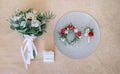 Little wreathe, boutonniere and wedding bouquet made of roses an Royalty Free Stock Photo