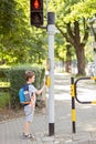 Little 7 years schoolboy pressing a button on traffic lights Royalty Free Stock Photo