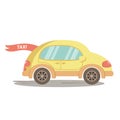 A little yellow car is driving down the road. Fast Cab, Taxi. Royalty Free Stock Photo