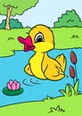 Little yellow cheerful duckling pond swim animal character cartoon