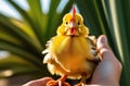 Little yellow chick in a man's arms,chick in palms, with comb and beard close-up,cute hen Royalty Free Stock Photo