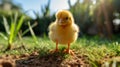 Little yellow chicken on the ground. Chicks in the nature Royalty Free Stock Photo