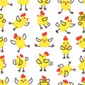 Little yellow chicks are having fun. Vector seamless pattern dot-by-dot in doodle style Royalty Free Stock Photo