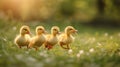 Little yellow ducklings run along the green bright grass Royalty Free Stock Photo