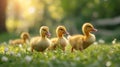 Little yellow ducklings run along the green bright grass Royalty Free Stock Photo