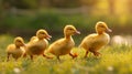 Little yellow ducklings run along the green bright grass Royalty Free Stock Photo