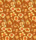 Little yellow poppies. Watercolor flowers pattern on the brick background color Royalty Free Stock Photo