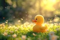 Little yellow rubber duck bath toy on spring meadow with flowers in sunny day. Creative funny Easter concept Royalty Free Stock Photo