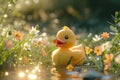 Little yellow rubber duck bath toy on spring meadow with flowers in sunny day. Creative funny Easter concept Royalty Free Stock Photo