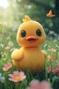 Little yellow rubber duck bath toy on spring meadow with flowers in sunny day. Creative funny Easter concept Royalty Free Stock Photo