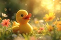 Little yellow rubber duck bath toy on spring meadow with flowers in sunny day. Creative funny Easter concept Royalty Free Stock Photo