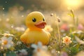 Little yellow rubber duck bath toy on spring meadow with flowers in sunny day. Creative funny Easter concept Royalty Free Stock Photo