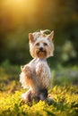 Little Yorkshire Terrier posing an grass in the summerday