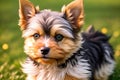 Little Yorkshire Terrier puppy posing with nature background, generative ai color grading. Cute Yorkie Dog watching to camera