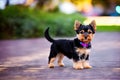 Little Yorkshire Terrier puppy posing with nature background, generative ai color grading. Cute Yorkie Dog watching to camera