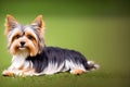 Little Yorkshire Terrier puppy posing with nature background, generative ai color grading. Cute Yorkie Dog watching to camera