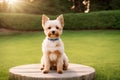 Little Yorkshire Terrier puppy posing with nature background, generative ai color grading. Cute Yorkie Dog watching to camera