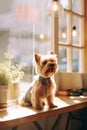 Little Yorkshire terrier sitting in sunny cafe