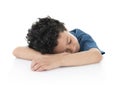 Little Young Exausted Lazy Boy Fell Asleep on White Table, Studio Shot, Isolated on White Background