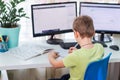 Little young school boy working at home with a laptop and class notes studying in a virtual class. Distance education and learning Royalty Free Stock Photo