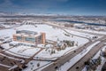 Aerial view of Chidrens hospital Colorado, South Campos shot during a snow day Royalty Free Stock Photo