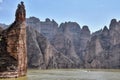 Liujiaxia Dam near the Bingling Cave with great rock formations along the Yellow River, Royalty Free Stock Photo