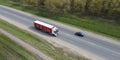 Live animal transport truck move on road aerial view