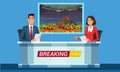 Live breaking news flat illustration. TV studio interior vector illustration. Television news program presenters cartoon Royalty Free Stock Photo