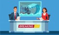 Live breaking news flat illustration. TV studio interior vector illustration. Television news program presenters cartoon