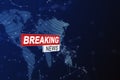 Live breaking news title overlay on digital world map network background.