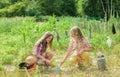 Live brightly. happy farming. spring country side. children work in field use gardening tool. earth day. summer family Royalty Free Stock Photo