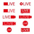 Live broadcast icons set. Live video streaming. Red symbols and buttons for live broadcast, online broadcast. Red and black