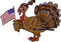 Live cartoon brown turkey with an indian hoop on the head and flag of USA in wing isolated from the side face