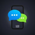 Live chat banner. Message icon in flat design in smartphone. Communication. Conversation sign. Vector on isolated background. EPS Royalty Free Stock Photo