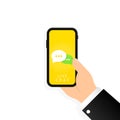 Live chat in phone. Online service 24 7. Message icon in flat design in smartphone. Communication. Conversation sign. Vector on Royalty Free Stock Photo