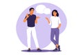 Live conversation concept. Guy and girl standing with speech bubbles. Vector illustration. Flat