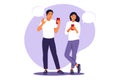 Live conversation between two friends. Guy and girl standing with phones and speech bubbles. Vector illustration. Flat