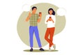 Live conversation between two friends. Guy and girl standing with phones and speech bubbles. Vector illustration. Flat