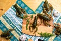 Live crayfish on a wooden board