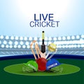 Live cricket stadium background with cricket equipment