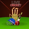 Live cricket tounament match with cricketer halmet, Gold trophy, bat and wickets Royalty Free Stock Photo