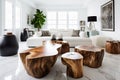 Live edge coffee table, wooden stumps near white sofa. Interior design of modern living room . Created with generative AI Royalty Free Stock Photo