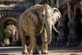 A live elephant is dressed in gold ornaments.